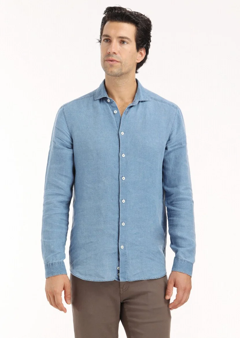 Blue Plain Regular Fit Weaving Casual Shirt 