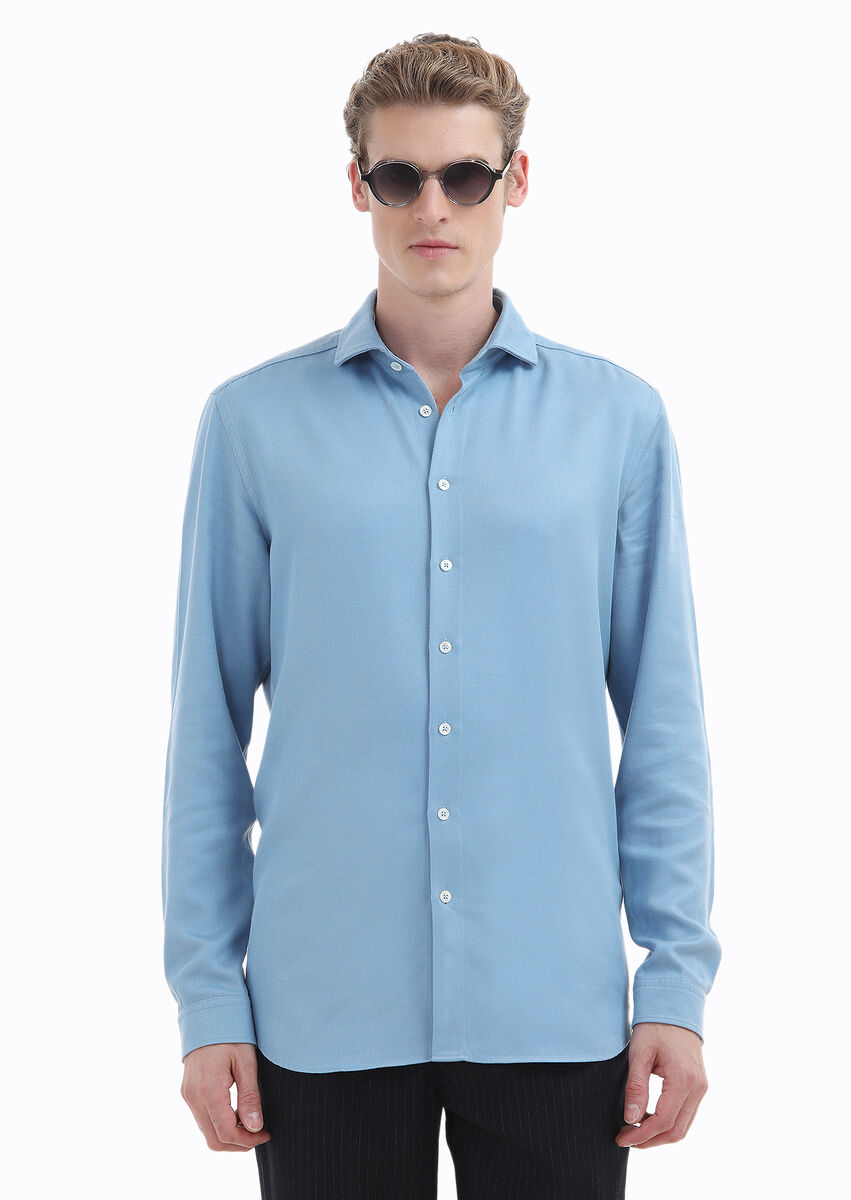 Blue Plain Regular Fit Weaving Casual Shirt - 1