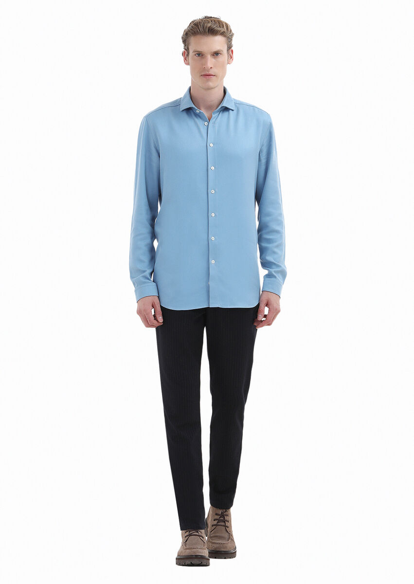 Blue Plain Regular Fit Weaving Casual Shirt - 2