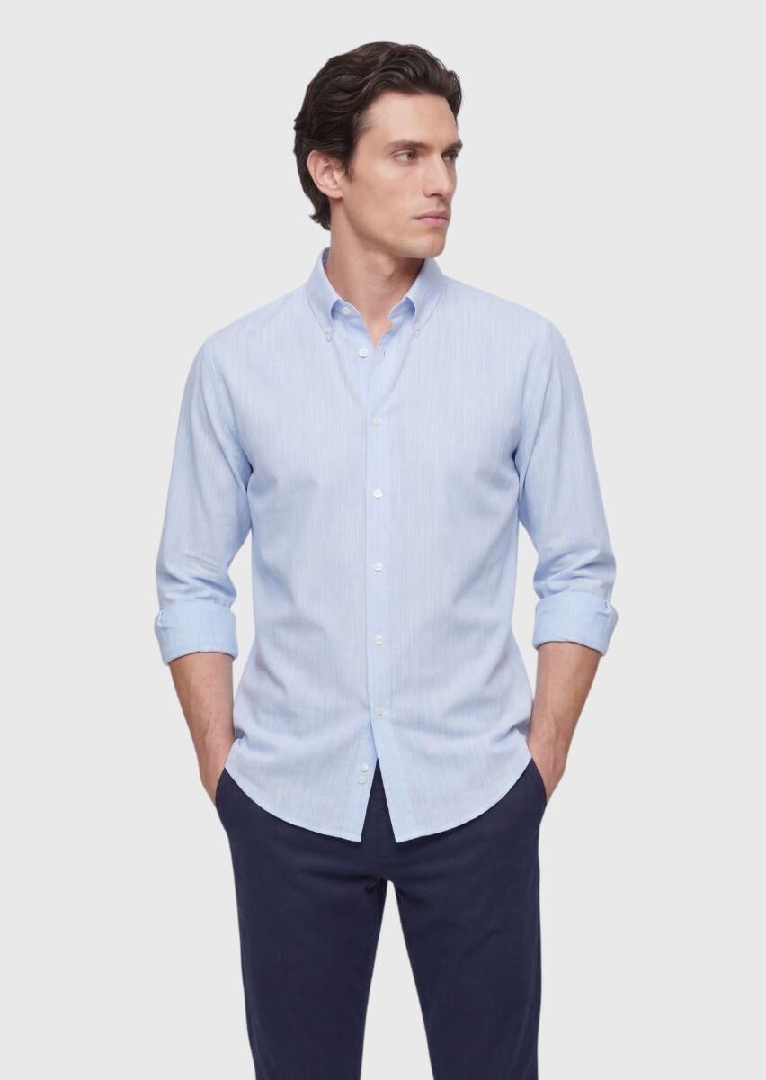 Blue Plain Regular Fit Weaving Casual Silk Blended Shirt - 1