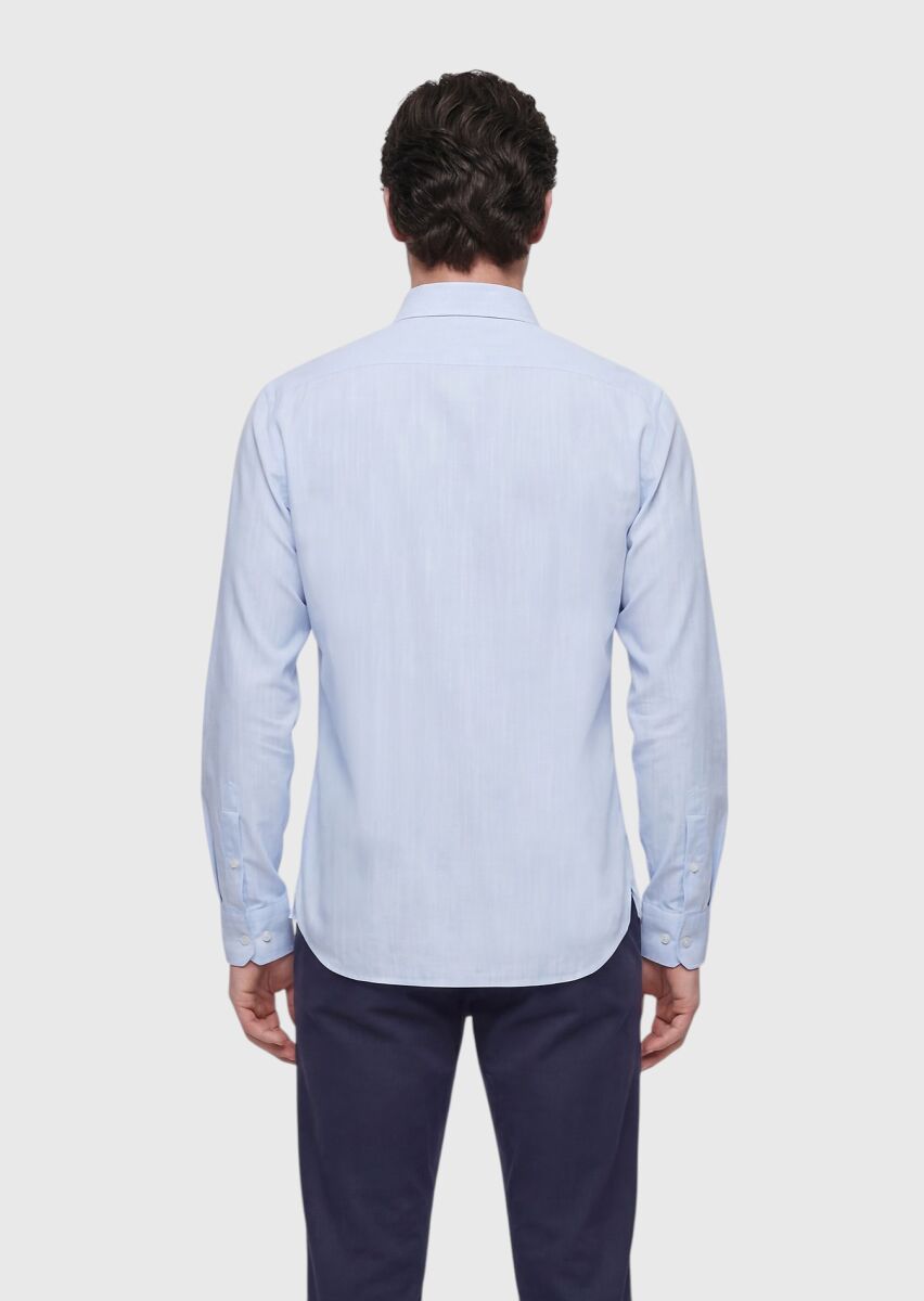 Blue Plain Regular Fit Weaving Casual Silk Blended Shirt - 4