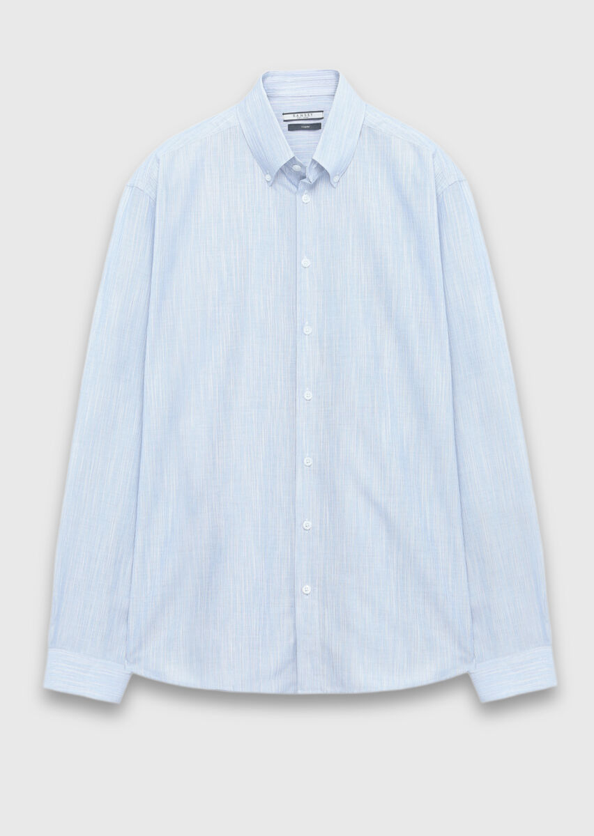 Blue Plain Regular Fit Weaving Casual Silk Blended Shirt - 5