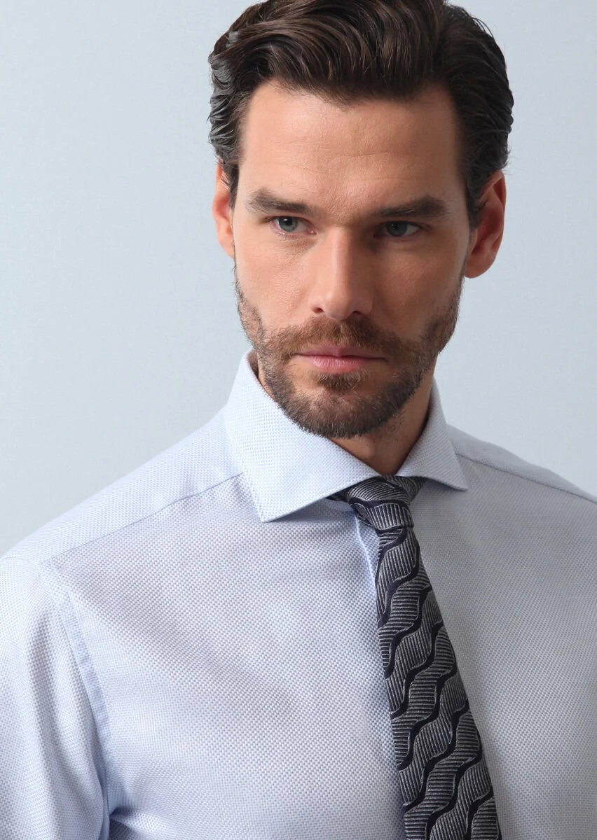 Blue Plain Regular Fit Weaving Classical 100% Cotton Shirt - 2