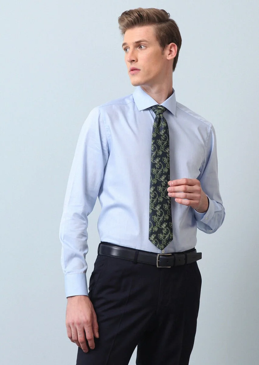 Blue Plain Regular Fit Weaving Classical 100% Cotton Shirt - 1