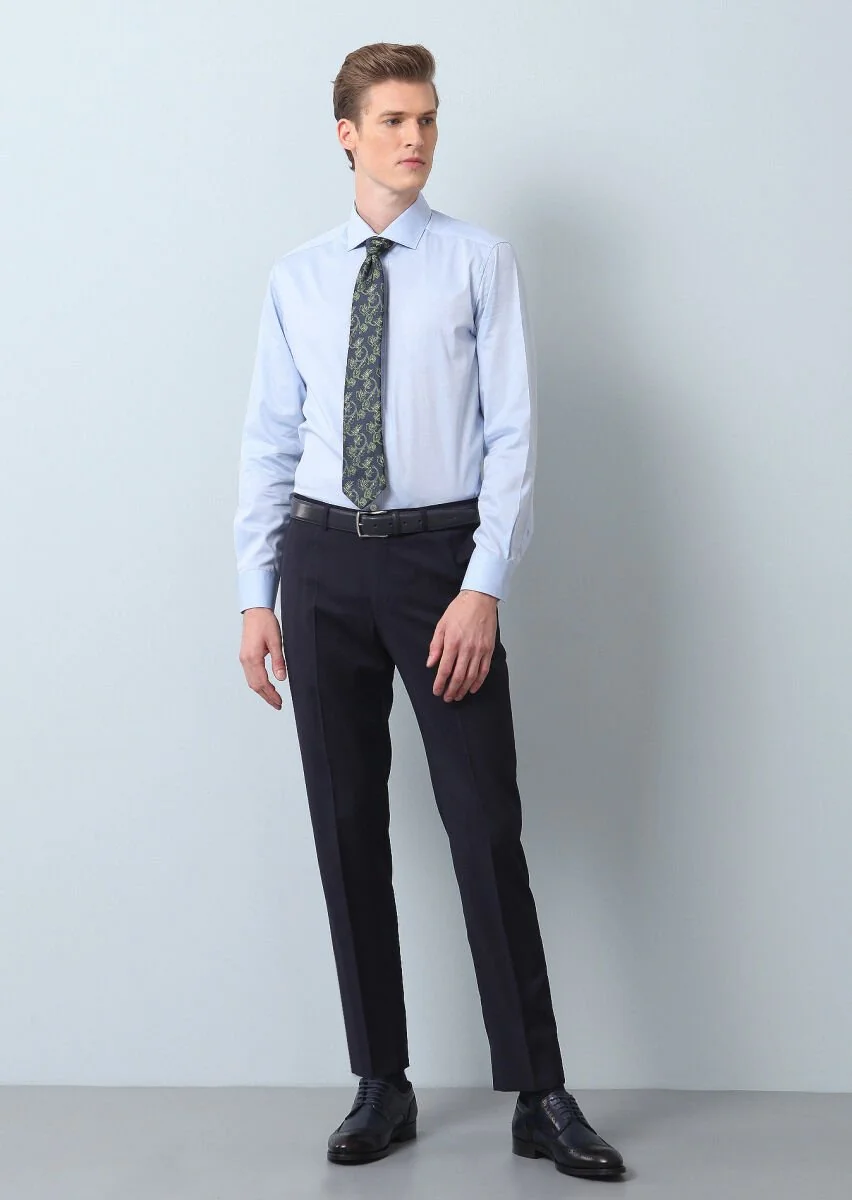 Blue Plain Regular Fit Weaving Classical 100% Cotton Shirt - 3