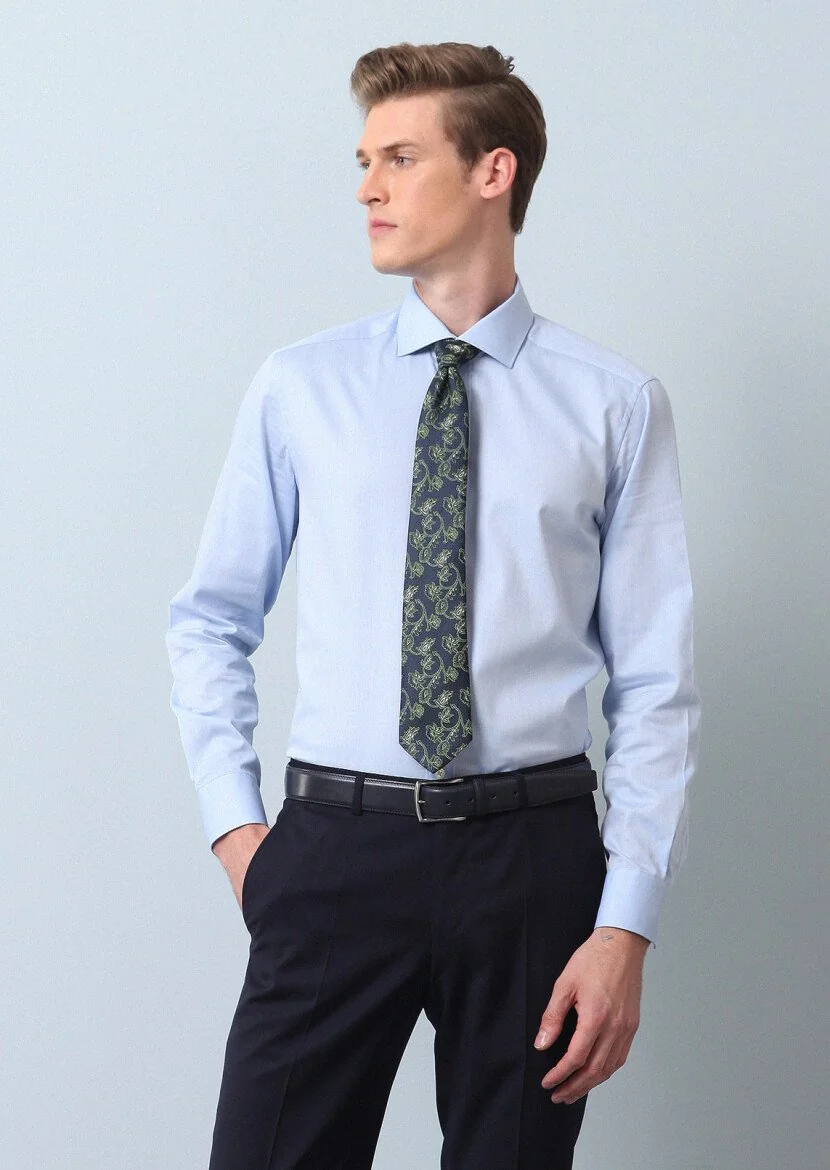 Blue Plain Regular Fit Weaving Classical 100% Cotton Shirt - 4