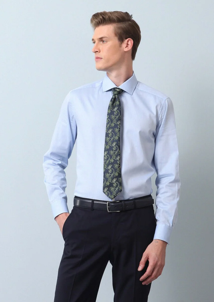 Blue Plain Regular Fit Weaving Classical 100% Cotton Shirt - 4