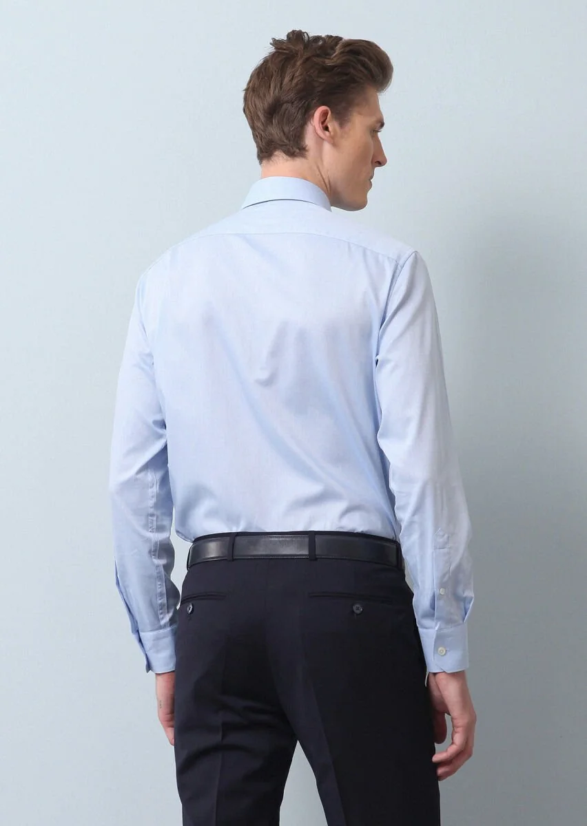 Blue Plain Regular Fit Weaving Classical 100% Cotton Shirt - 5