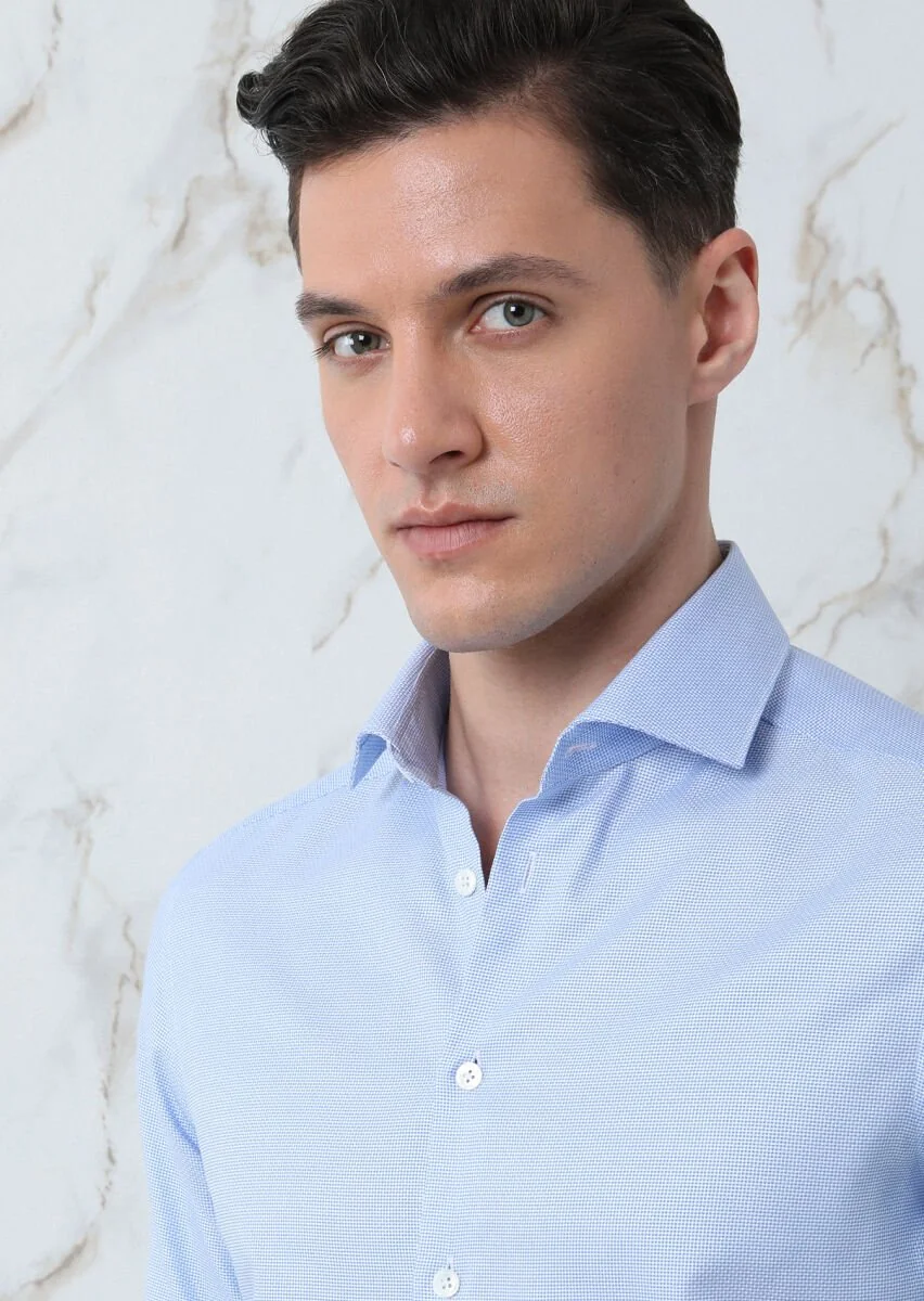 Blue Plain Regular Fit Weaving Classical 100% Cotton Shirt - 3