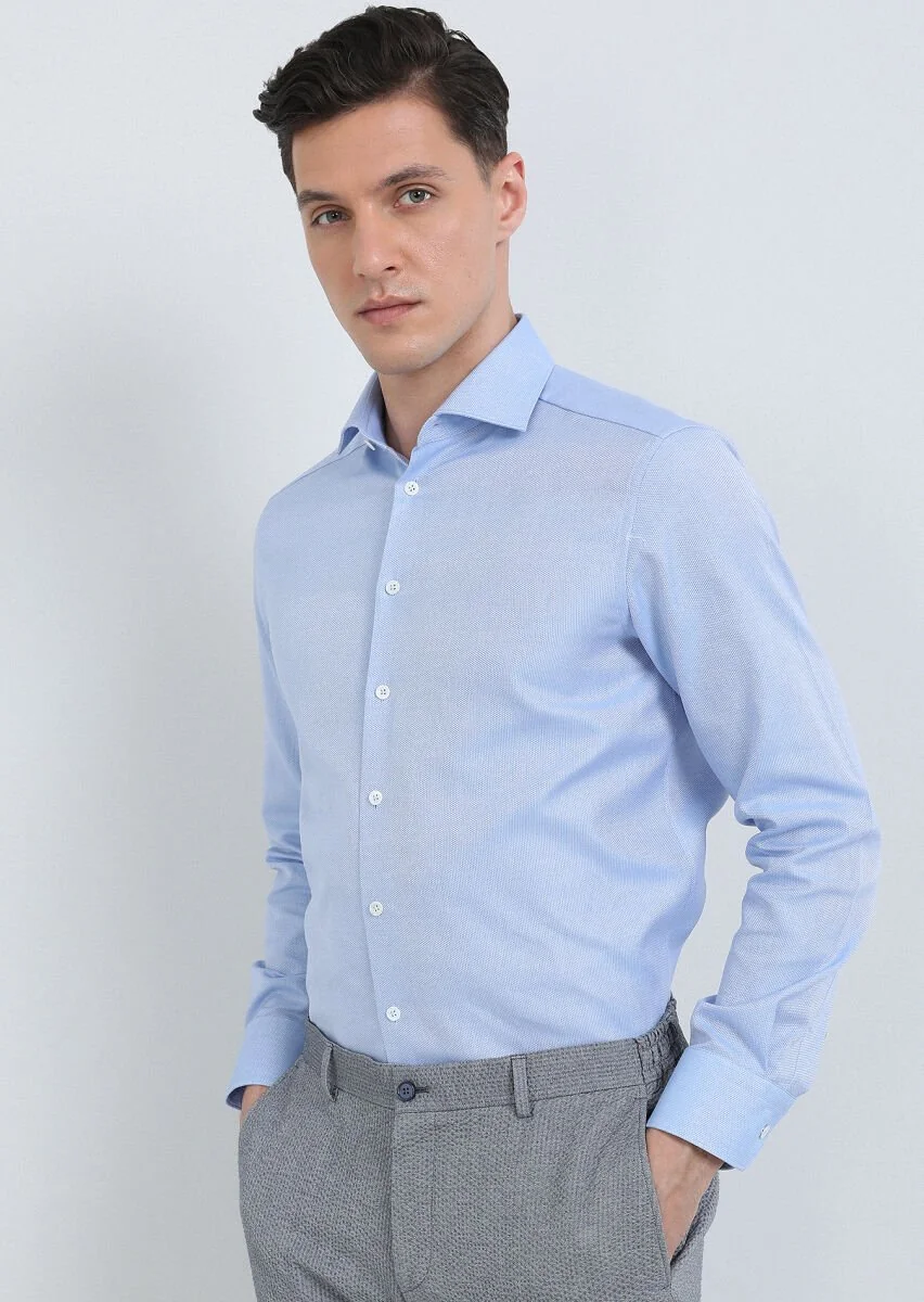 Blue Plain Regular Fit Weaving Classical 100% Cotton Shirt - 2