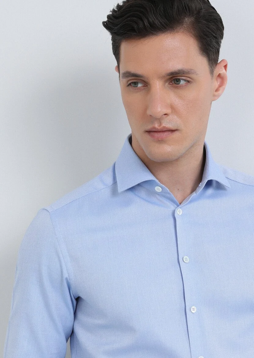 Blue Plain Regular Fit Weaving Classical 100% Cotton Shirt - 3