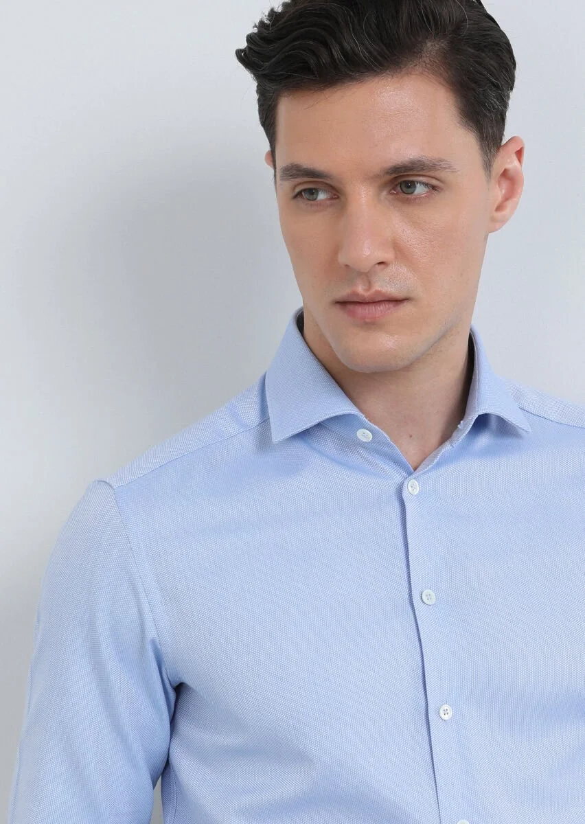 Blue Plain Regular Fit Weaving Classical 100% Cotton Shirt - 3