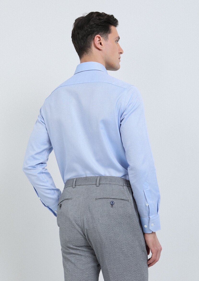 Blue Plain Regular Fit Weaving Classical 100% Cotton Shirt - 5