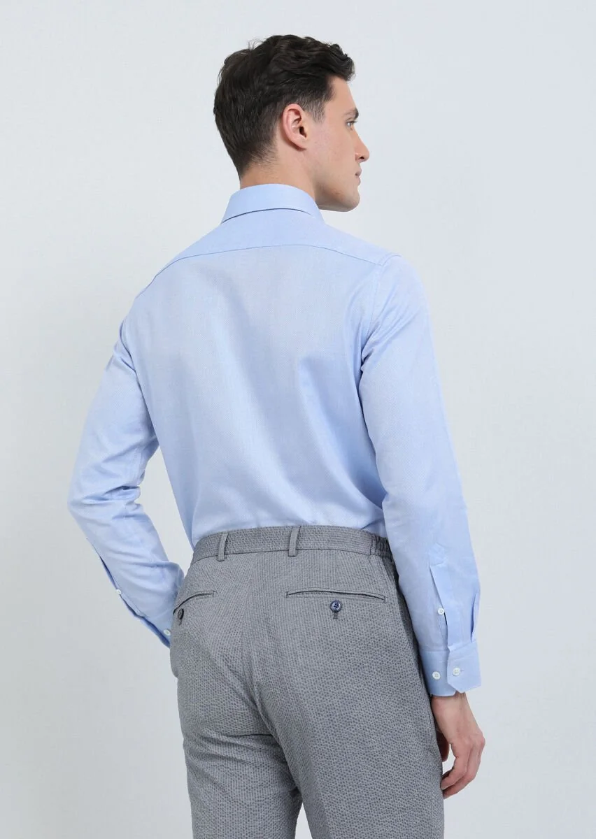 Blue Plain Regular Fit Weaving Classical 100% Cotton Shirt - 5
