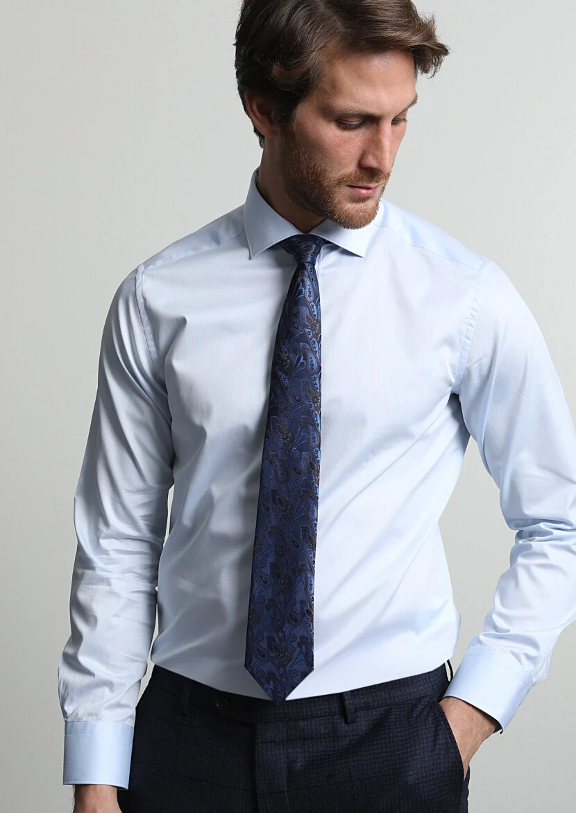 Blue Plain Regular Fit Weaving Classical 100% Cotton Shirt - 1