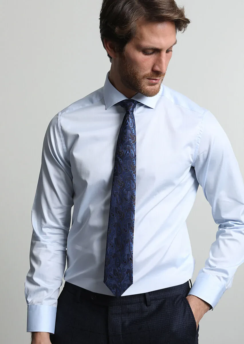 Blue Plain Regular Fit Weaving Classical 100% Cotton Shirt - 1