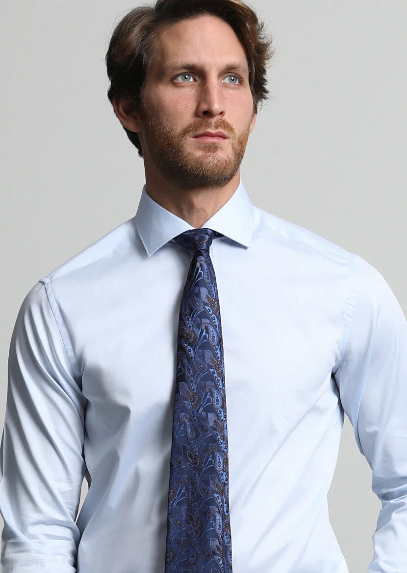 Blue Plain Regular Fit Weaving Classical 100% Cotton Shirt - 2