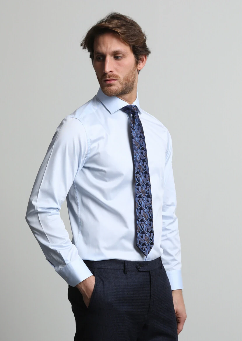 Blue Plain Regular Fit Weaving Classical 100% Cotton Shirt - 3