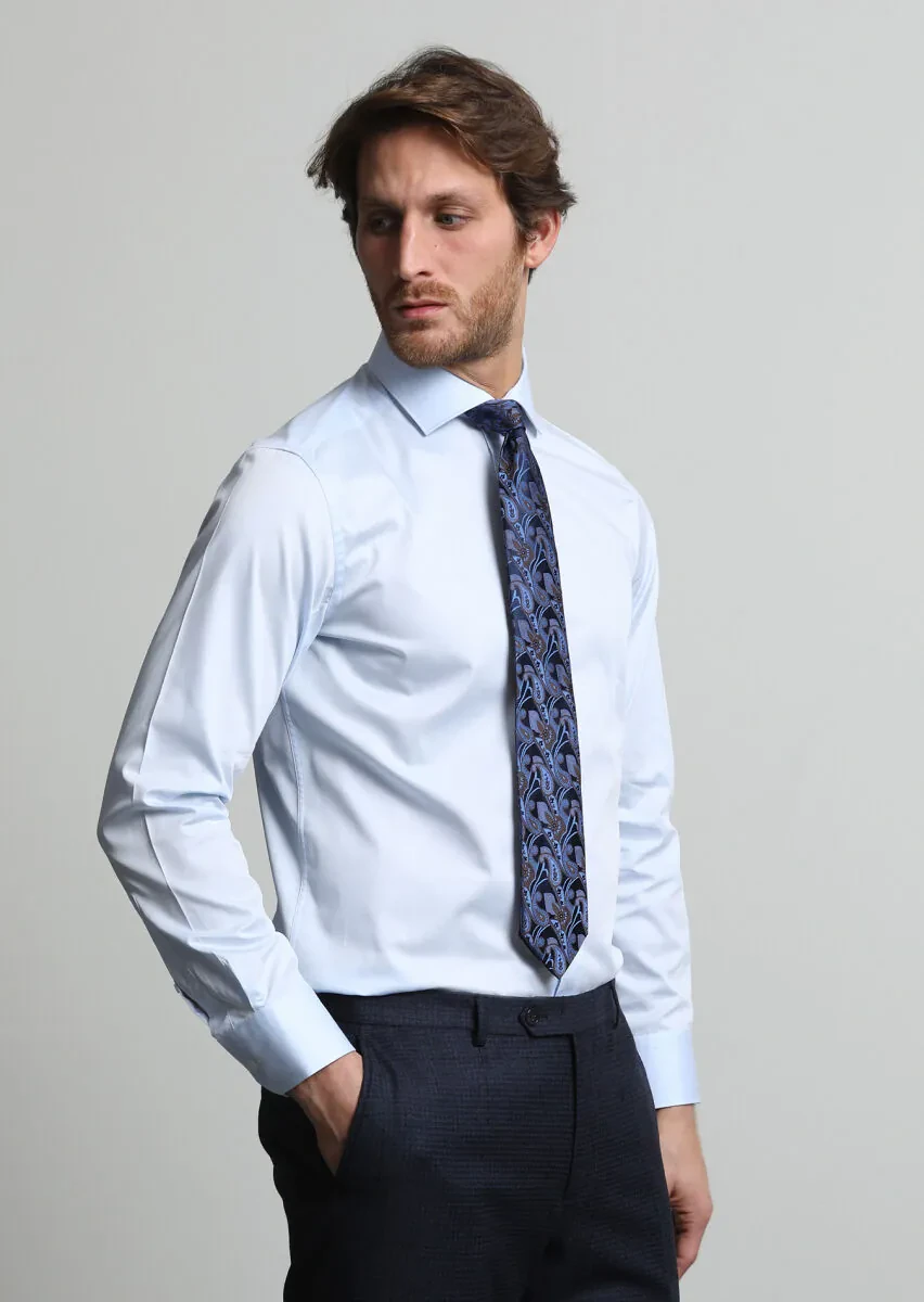 Blue Plain Regular Fit Weaving Classical 100% Cotton Shirt - 3