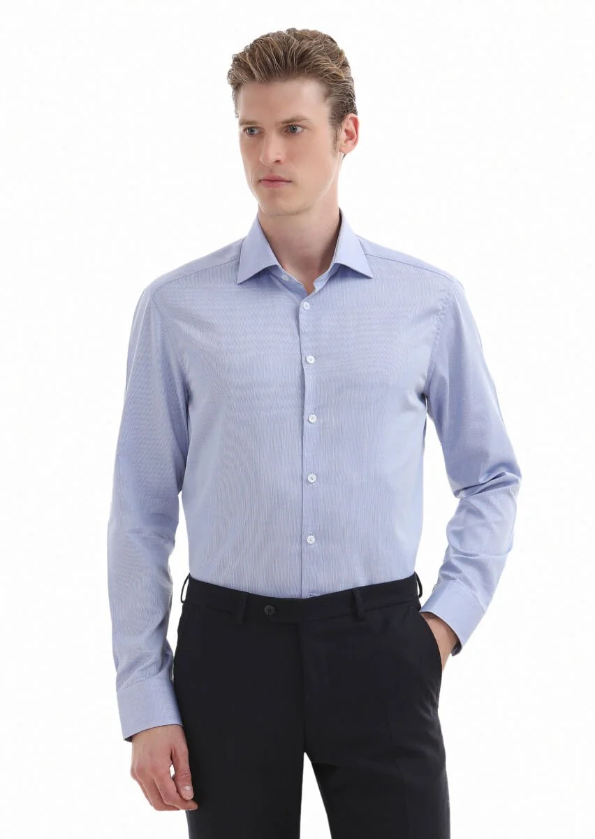 Blue Plain Regular Fit Weaving Classical 100% Cotton Shirt - 2