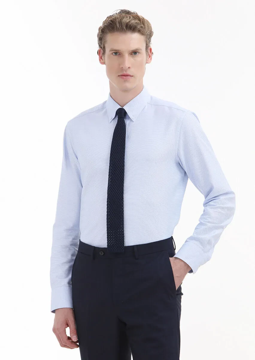 Blue Plain Regular Fit Weaving Classical 100% Cotton Shirt - 1