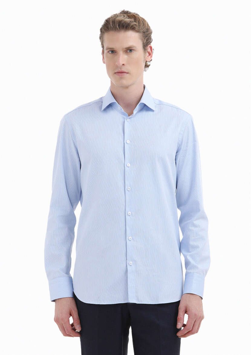 Blue Plain Regular Fit Weaving Classical 100% Cotton Shirt - 1