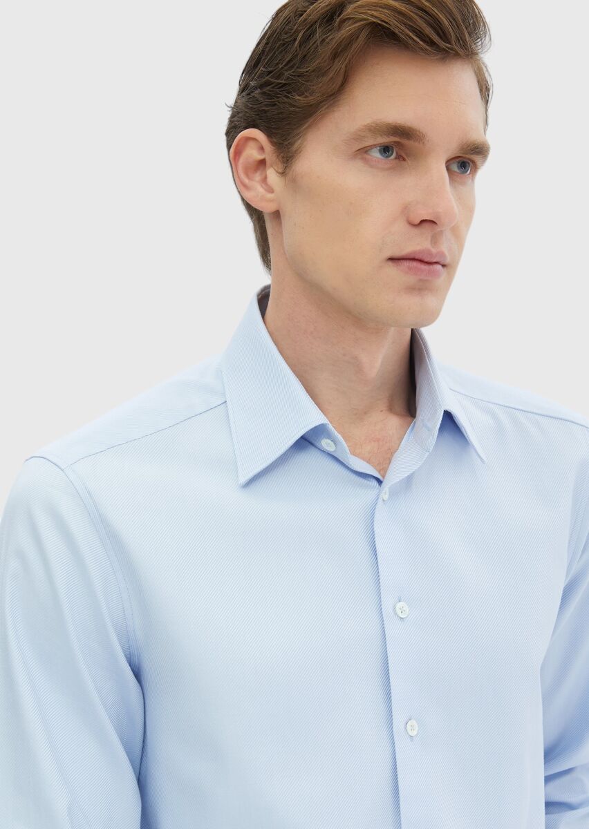 Blue Plain Regular Fit Weaving Classical 100% Cotton Shirt - 3