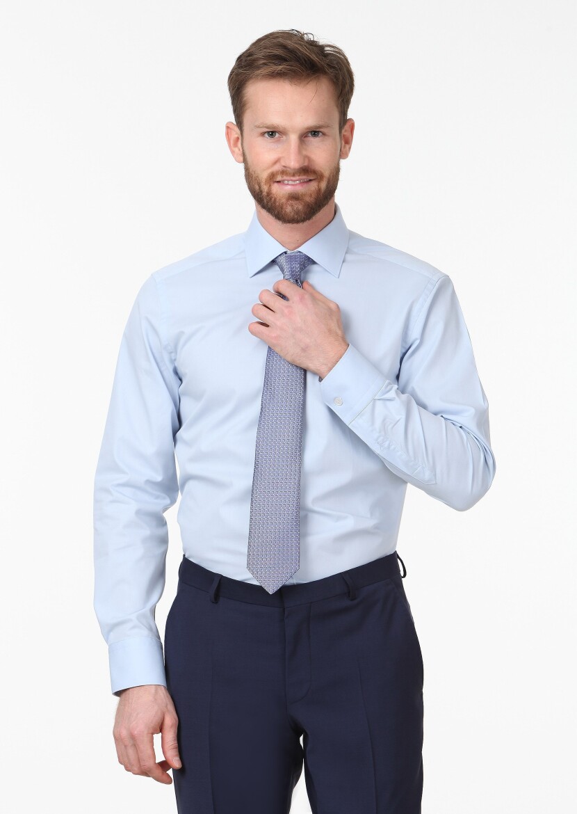 Blue Plain Regular Fit Weaving Classical Cotton Blended Shirt - RAMSEY