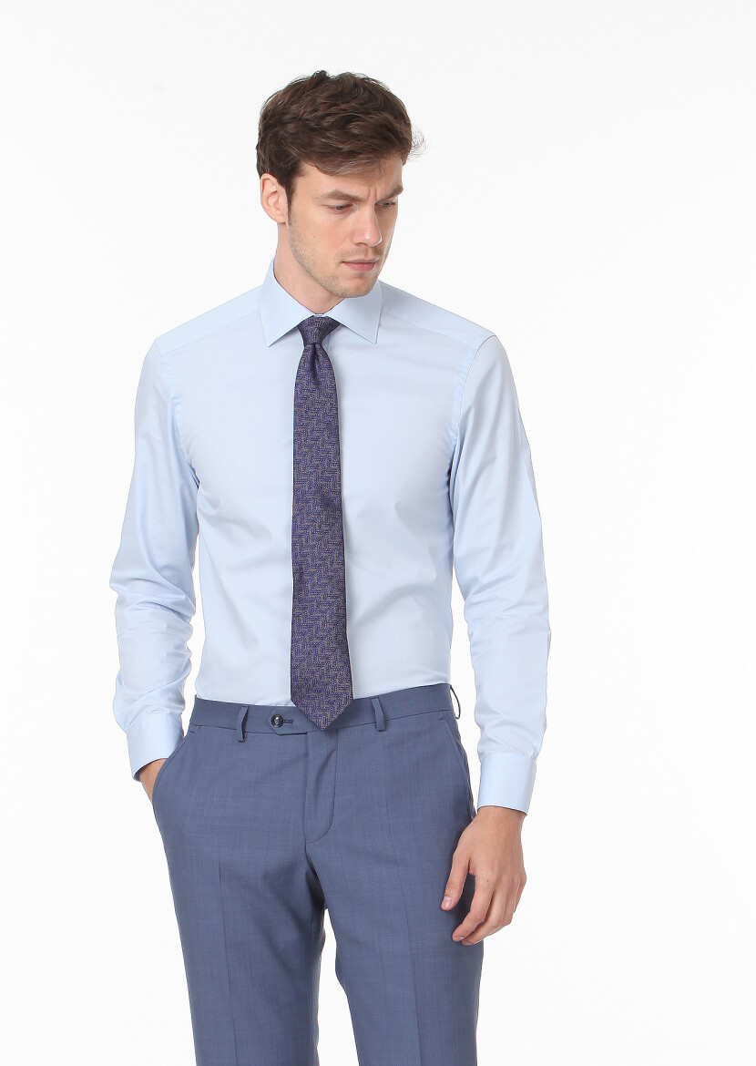 Blue Plain Regular Fit Weaving Classical Cotton Blended Shirt - 3