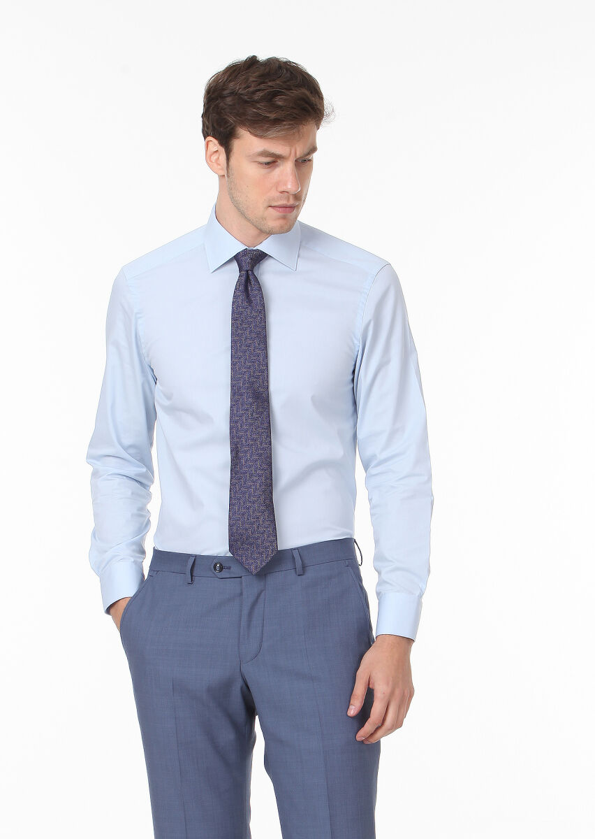 Blue Plain Regular Fit Weaving Classical Cotton Blended Shirt - 3