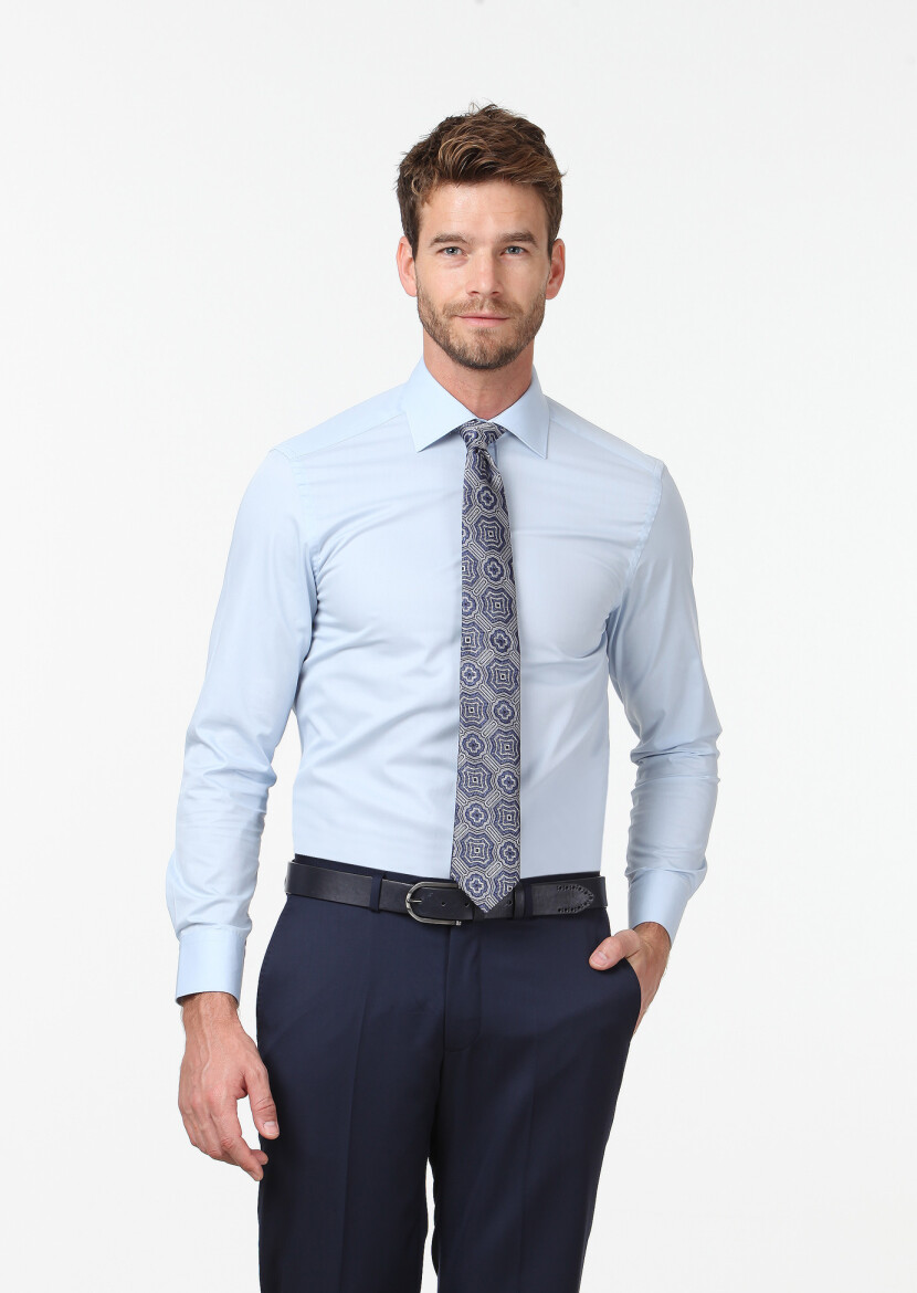 Blue Plain Regular Fit Weaving Classical Cotton Blended Shirt - RAMSEY