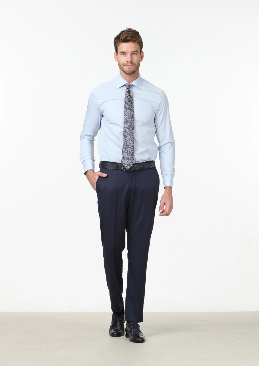 Blue Plain Regular Fit Weaving Classical Cotton Blended Shirt 