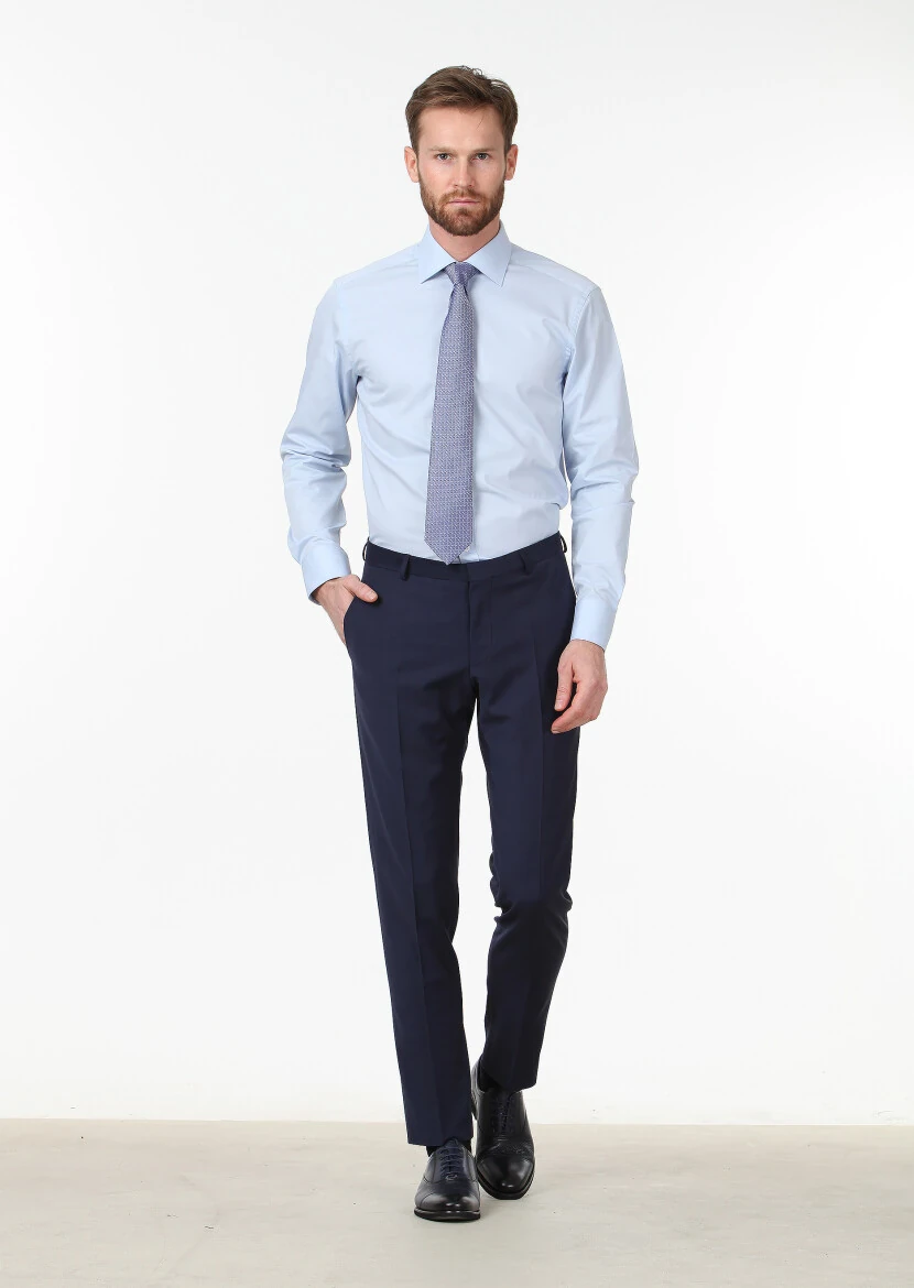 Blue Plain Regular Fit Weaving Classical Cotton Blended Shirt - RAMSEY