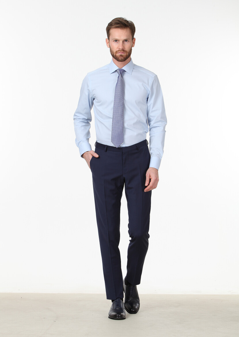 Blue Plain Regular Fit Weaving Classical Cotton Blended Shirt 