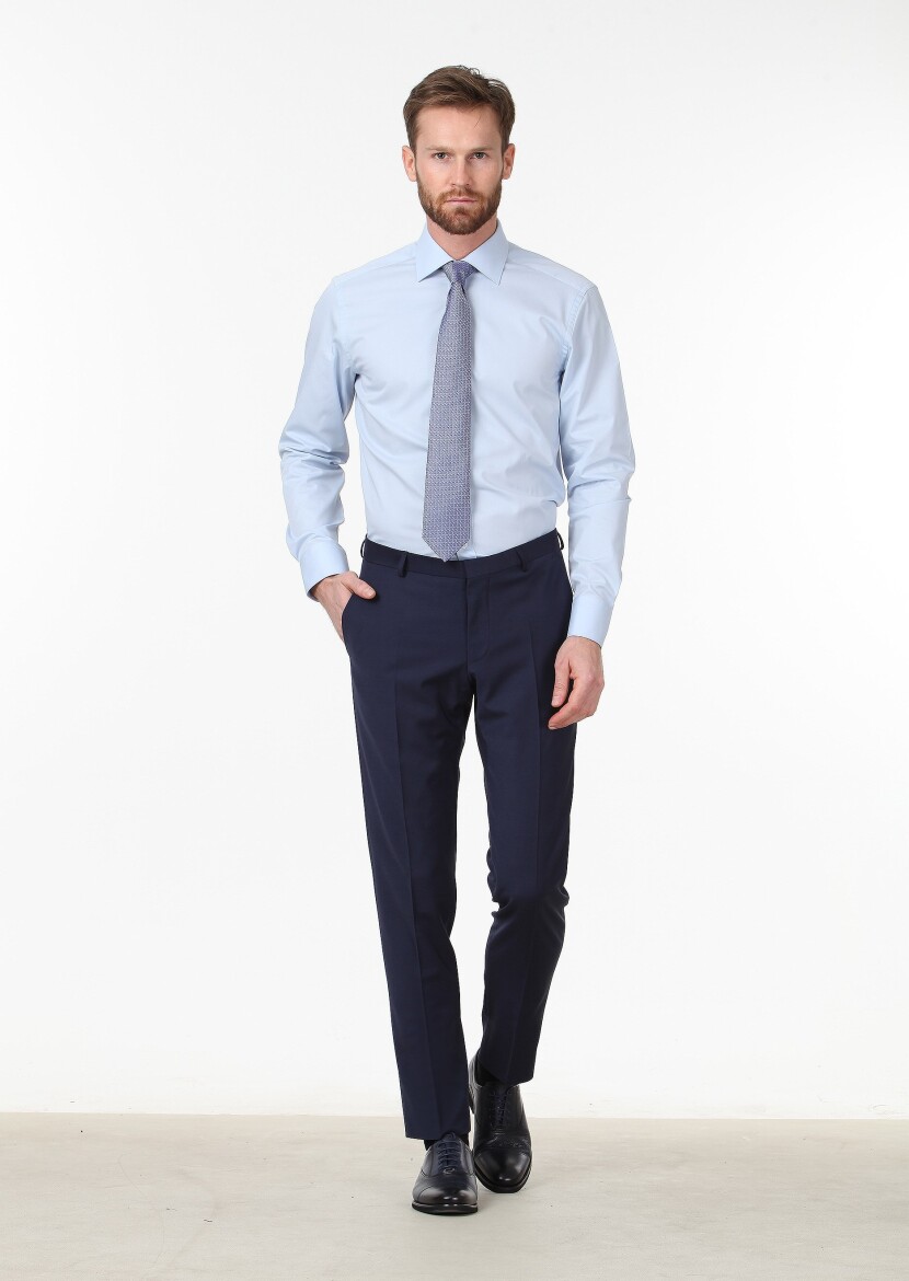 Blue Plain Regular Fit Weaving Classical Cotton Blended Shirt - RAMSEY