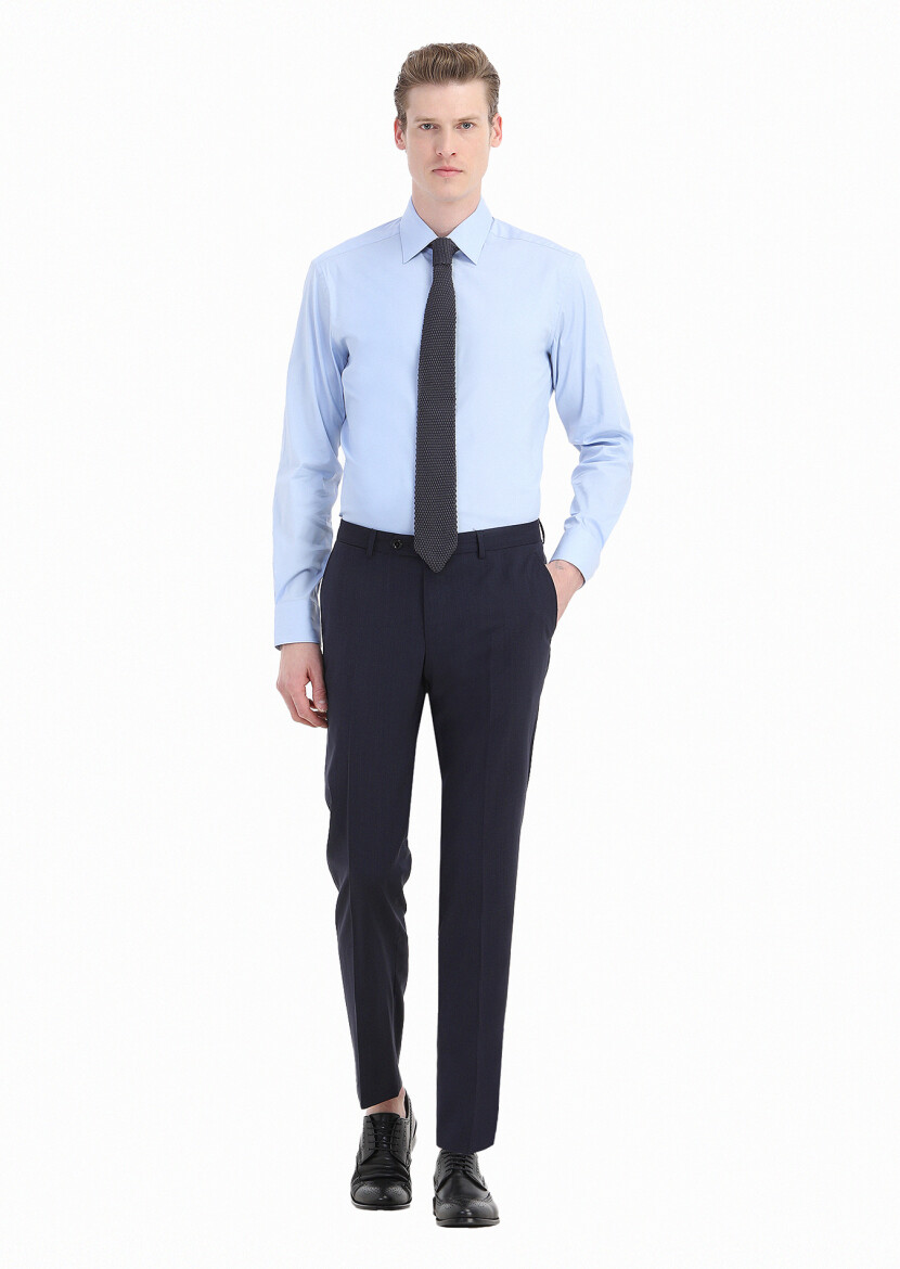 Blue Plain Regular Fit Weaving Classical Cotton Blended Shirt 