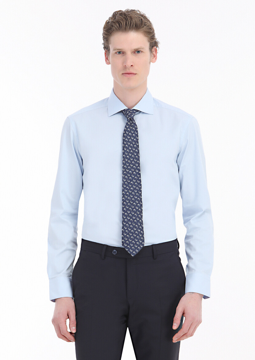 Blue Plain Regular Fit Weaving Classical Cotton Blended Shirt - RAMSEY