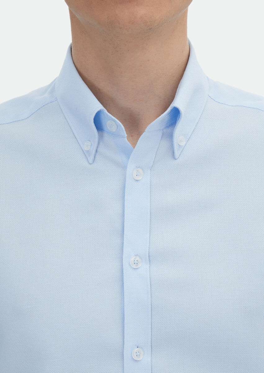 Blue Plain Regular Fit Weaving Classical Cotton Blended Shirt - 5