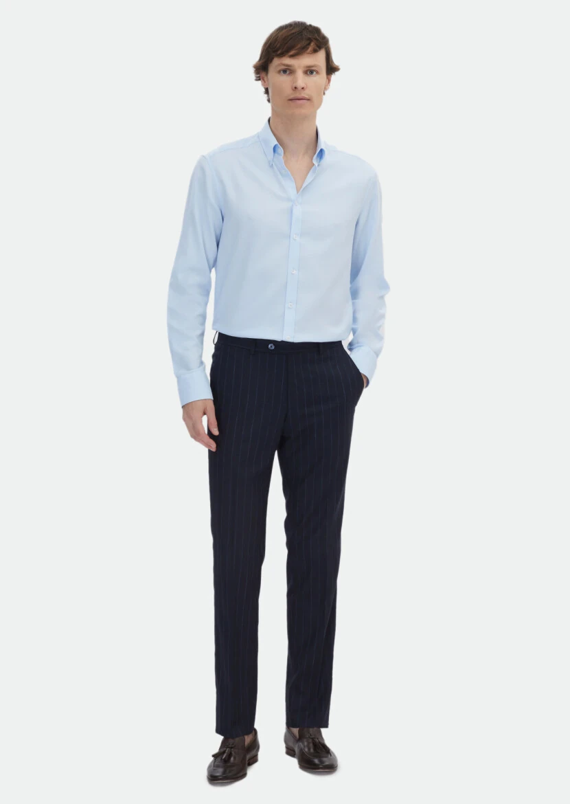 Blue Plain Regular Fit Weaving Classical Cotton Blended Shirt 