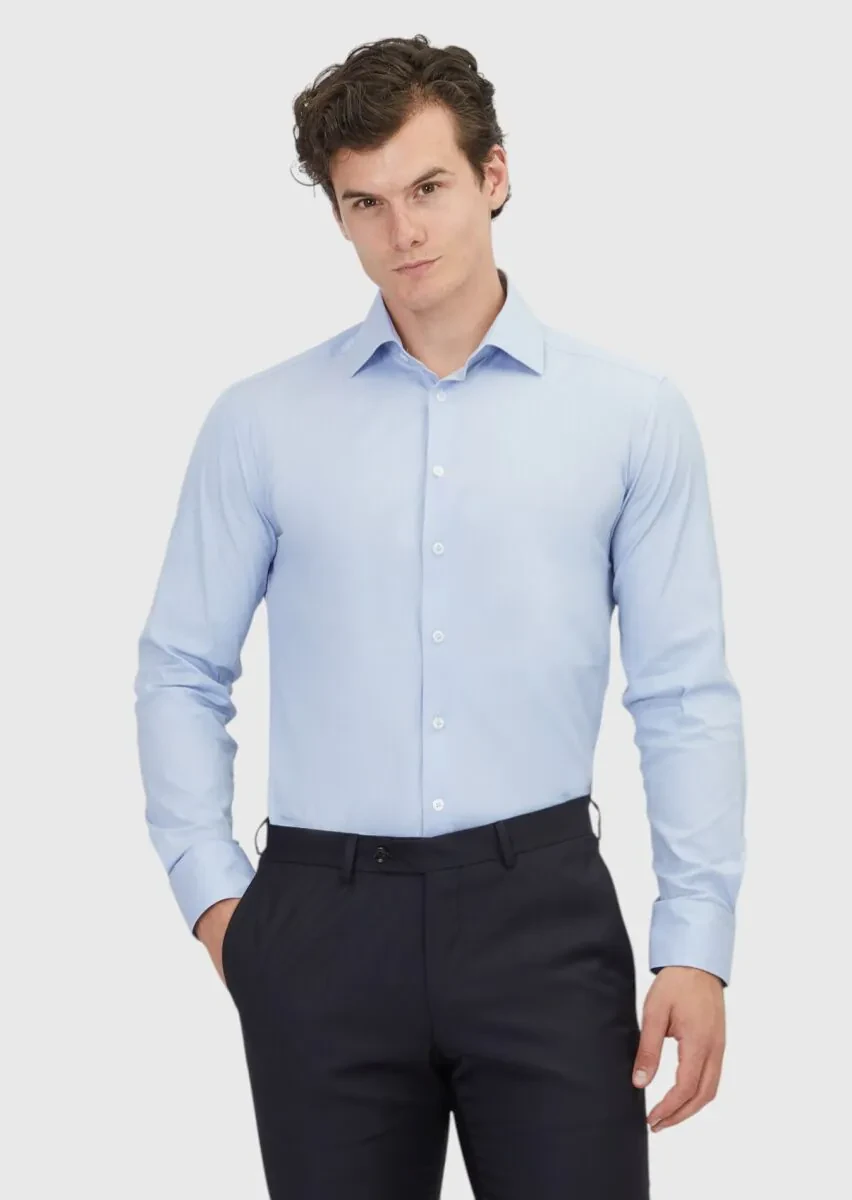 Blue Plain Regular Fit Weaving Classical Cotton Blended Shirt - 1