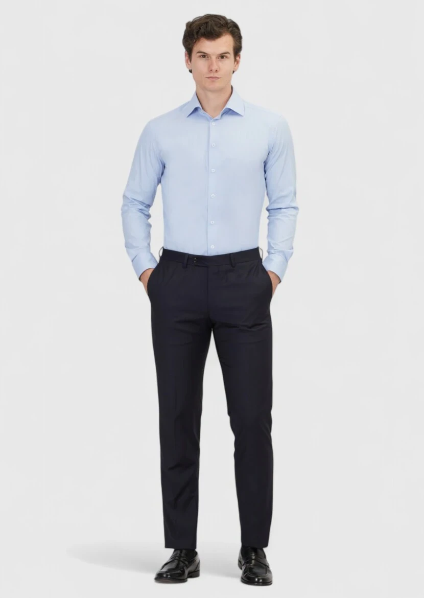 Blue Plain Regular Fit Weaving Classical Cotton Blended Shirt - 2