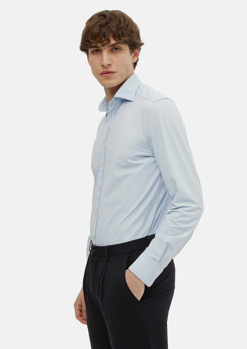 Blue Plain Regular Fit Weaving Classical Shirt - 3