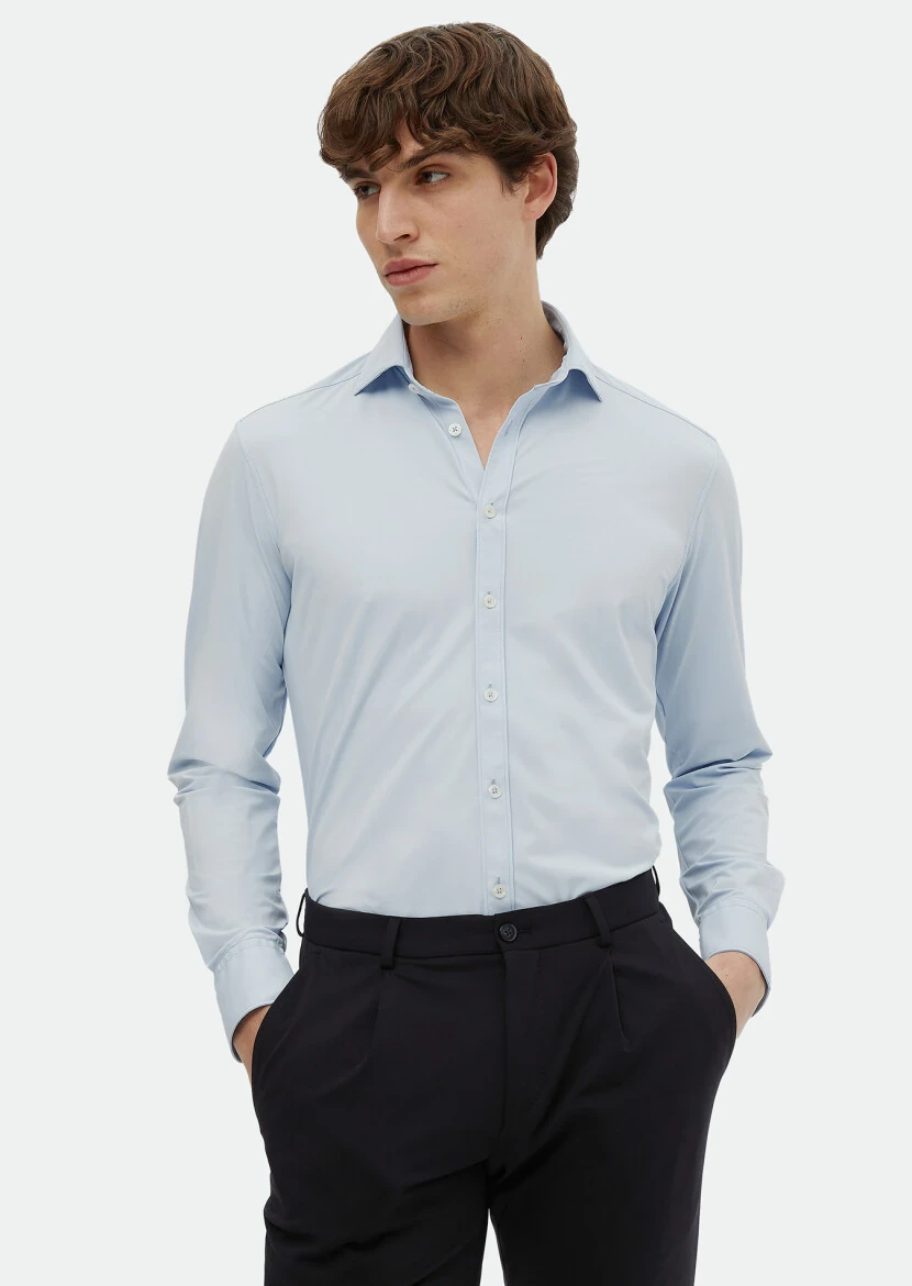 Blue Plain Regular Fit Weaving Classical Shirt - RAMSEY