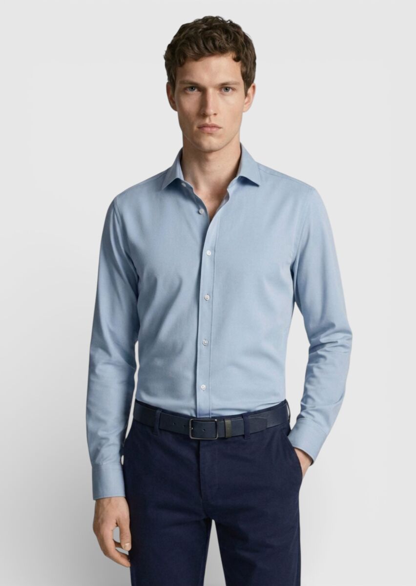 Blue Plain Regular Fit Weaving Classical Shirt - 3