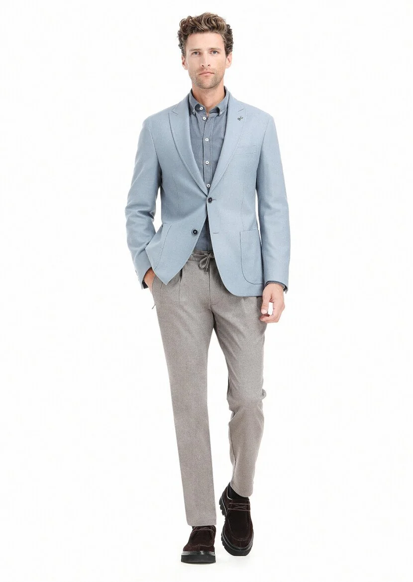 Blue Plain Shirt Shoulder Slim Fit Wool Blended Jacket - 1