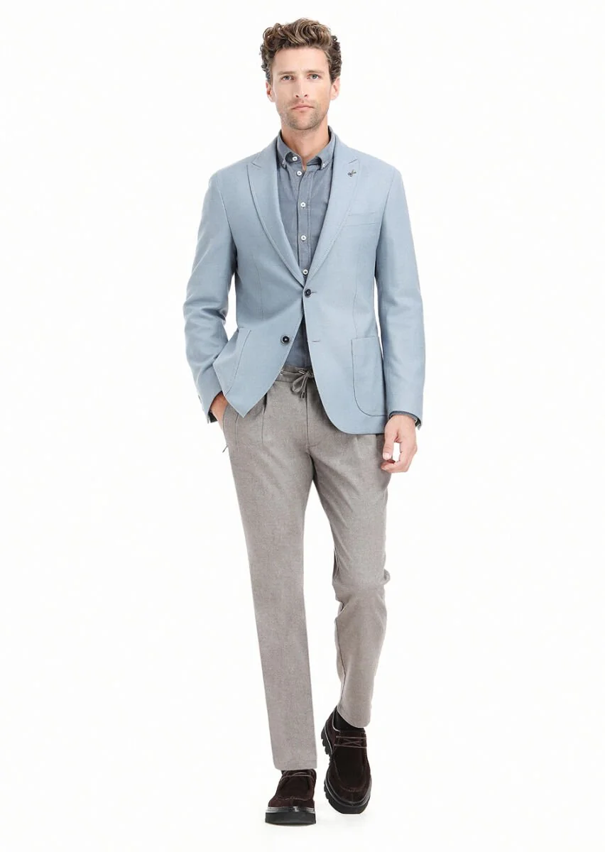 Blue Plain Shirt Shoulder Slim Fit Wool Blended Jacket - 1