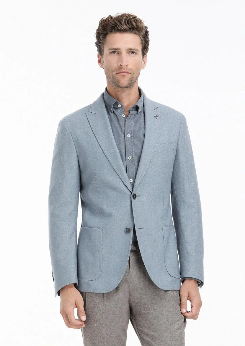 Blue Plain Shirt Shoulder Slim Fit Wool Blended Jacket - 2