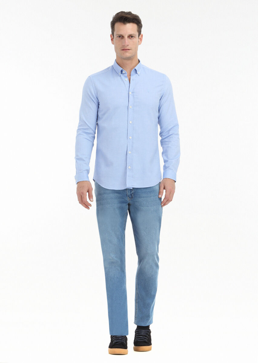 Blue Plain Slim Fit Long Weaving Casual 100% Cotton Shirt - 1