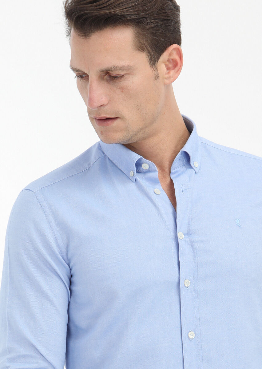 Blue Plain Slim Fit Long Weaving Casual 100% Cotton Shirt - 3