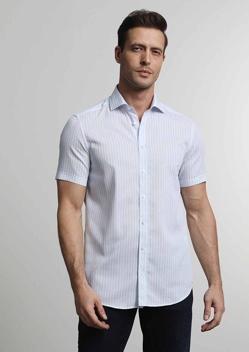 Blue Plain Slim Fit Long Weaving Classical 100% Cotton Shirt - 3